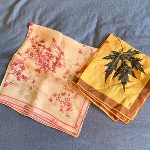 Vera Neumann Floral Pink and Mustard Leaf Vintage Silk Scarves